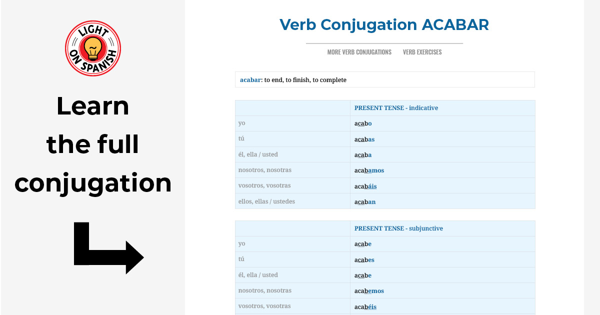 Verb Conjugation ACABAR - Light On Spanish