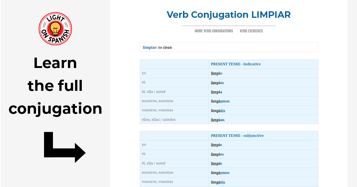 verb-conjugation-limpiar-light-on-spanish